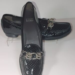 Stuart Weitzman Womens Size 10 N Black Patent Leather Chain Link Loafer Flats